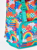 Colorful backpack with rainbow and cloud pattern on a white background